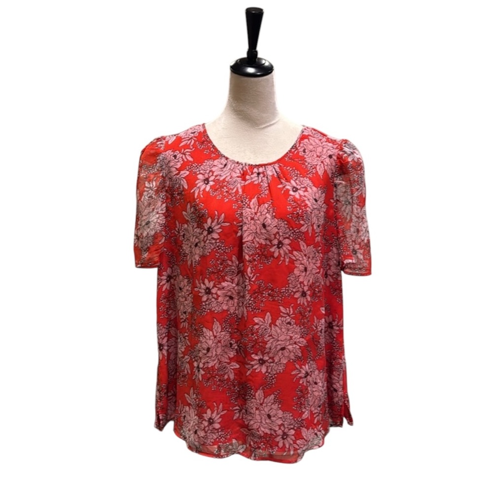 Vince Camaro Red Floral Short Sleeve Blouse